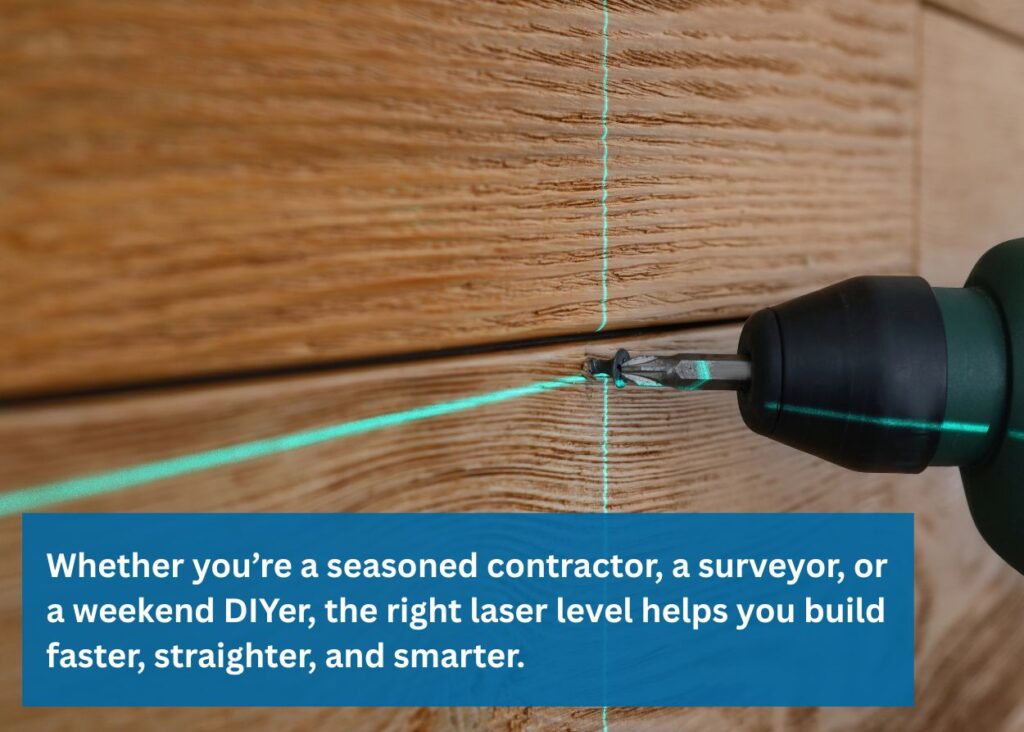 Laser level for precise construction work. Caption: Whether you’re a seasoned contractor, a surveyor, or a weekend DIYer, the right laser level helps you build faster, straighter, and smarter.