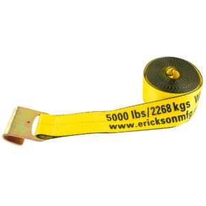 Erickson 58702 3 inch x 40 foot winch strap, yellow polyester flatbed tie down strap with flat hook and printed 5000 lbs WLL, coiled strap product image