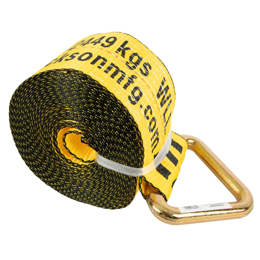 Erickson winch strap with D ring, 4 inch yellow tie down strap rolled tightly with visible load rating text and steel D ring on white background