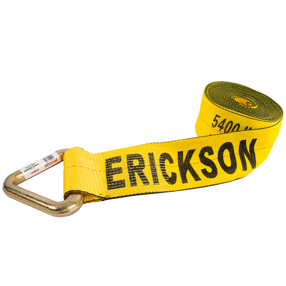 Erickson 58801 4 inch x 30 foot winch strap with D ring, yellow polyester flatbed tie down strap showing 5400 lb WLL text and coiled webbing, cargo strap product image