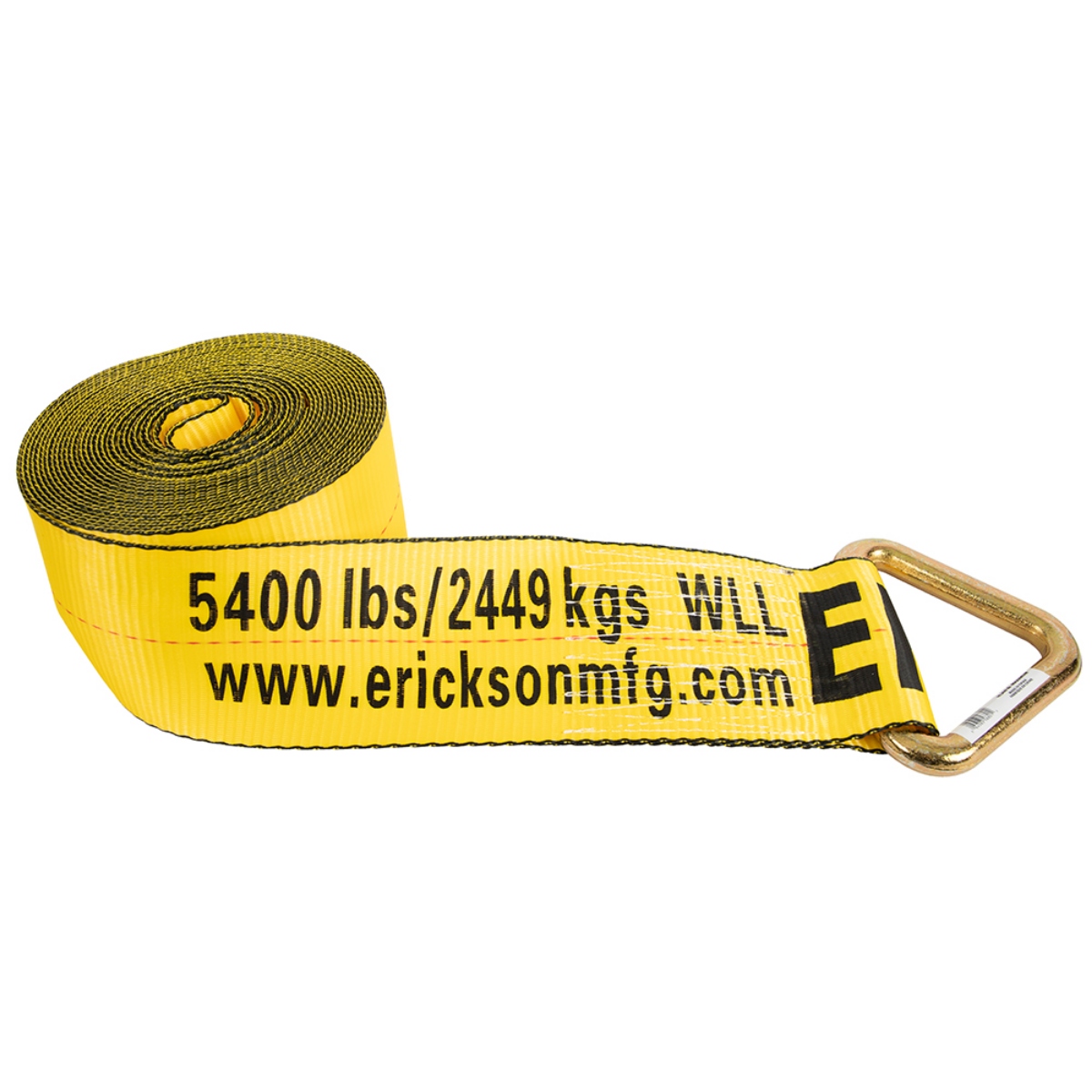 Erickson 58801 4 inch x 30 foot winch strap with D ring, yellow polyester flatbed tie down strap showing 5400 lbs 2449 kgs WLL text and rolled webbing, cargo strap product image
