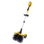 DEWALT DXSBXA2017-002 20V MAX cordless powered sweeper with dual rotating brush heads, adjustable shaft, and compact wheeled brush assembly, isolated on a white background.