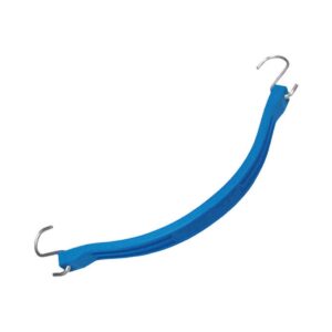 Blue rubber tarp strap with metal S-hooks on both ends, flexible cold-weather tie-down strap for securing tarps and cargo