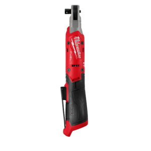 Side profile of MILWAUKEE M12 FUEL 3/8 in cordless ratchet 3053-20 showing compact head, square drive anvil, rubber overmold grip, and metal pocket clip on a white background