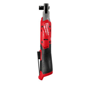 Milwaukee M12 FUEL 1/2 inch cordless ratchet tool only, red and black body, compact low-profile head, side view on white background, belt clip attached, no battery installed