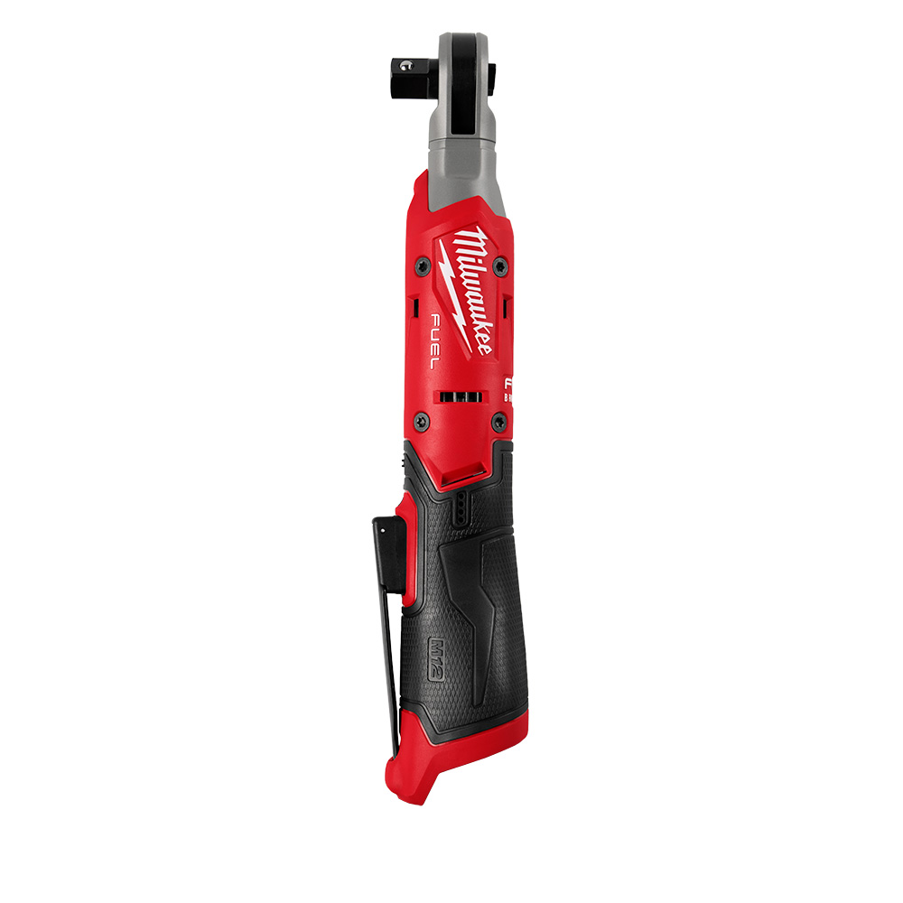 Milwaukee M12 FUEL 1/2 inch cordless ratchet tool only, red and black body, compact low-profile head, side view on white background, belt clip attached, no battery installed