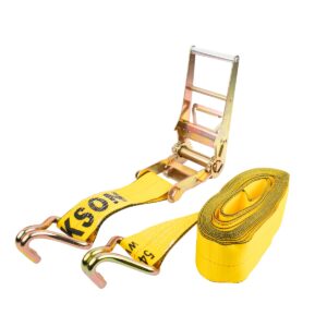 Erickson 58539 4 inch x 30 foot ratchet strap with double J hooks, heavy duty yellow tie down strap with ratchet and coiled webbing, flatbed cargo strap product image