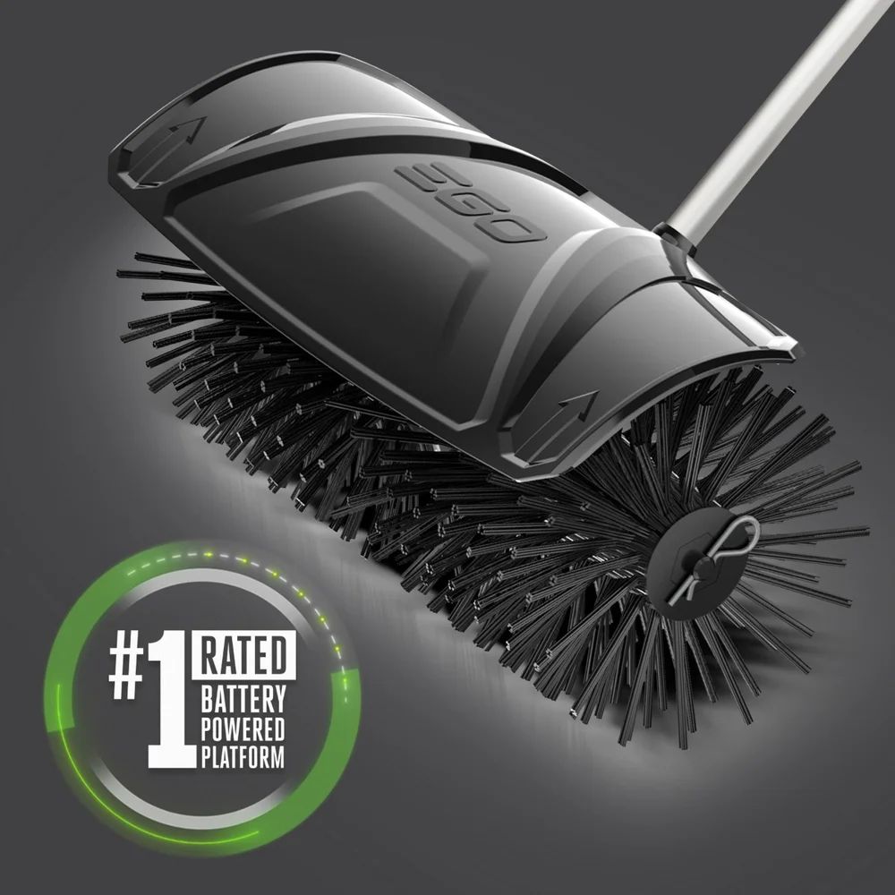 Angled product image of the EGO BBA2100 22-inch bristle brush attachment with rotating nylon bristles and debris guard, shown with performance graphic indicating battery-powered multi-head system compatibility.