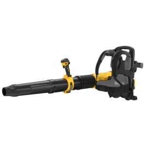 DEWALT 60V MAX cordless backpack blower with flexible hose, control handle, and padded harness system for high-powered debris clearing