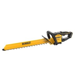 DEWALT DCHT826B 20V MAX XR 24 inch hedge trimmer cordless hedge trimmer product image, side profile on white background showing 24 inch dual-action blade with DEWALT branding and front guard handle visible