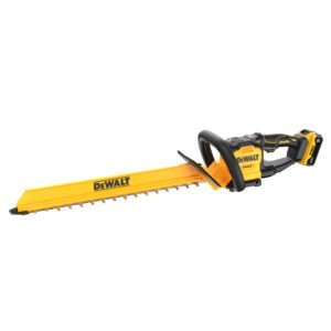 DEWALT DCHT826P1 20V MAX XR 24 inch hedge trimmer kit cordless hedge trimmer product image, side profile on white background showing 24 inch dual-action blade with DEWALT branding, front guard handle, and installed 5Ah battery visible