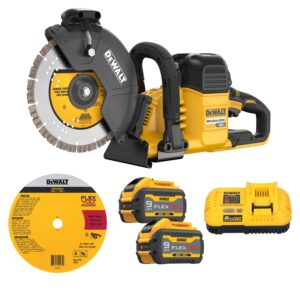 DEWALT 60V MAX* Brushless Cordless 9 in. Cut-Off Saw Kit with 2 60 Volt batteries, a battery charger, and an extra circular blade