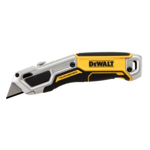 DeWalt DWHT10999 TOUGHSERIES retractable utility knife with zinc body, ergonomic grip and extended blade exposed for cutting.