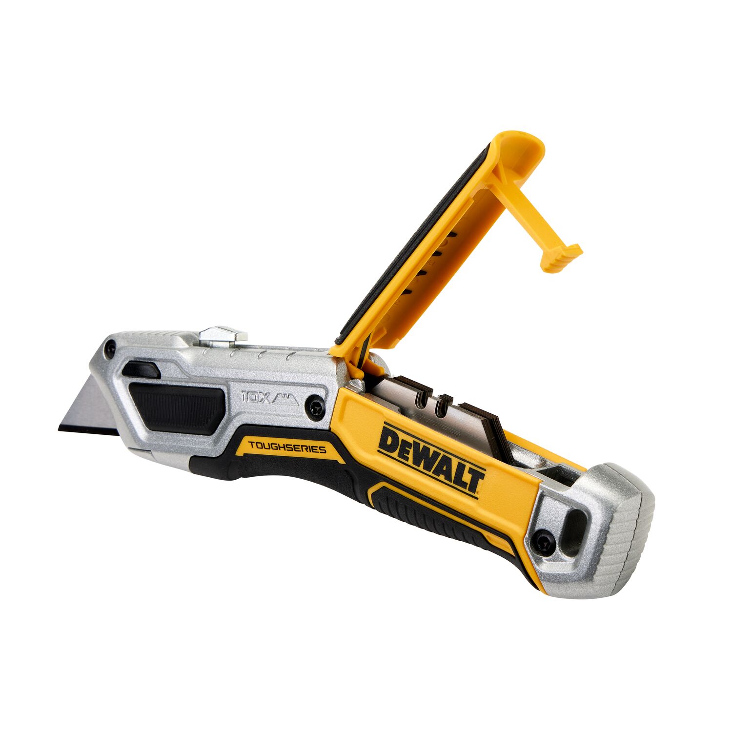 DeWalt DWHT10999 TOUGHSERIES retractable utility knife with blade storage compartment open, showing internal spare blades.