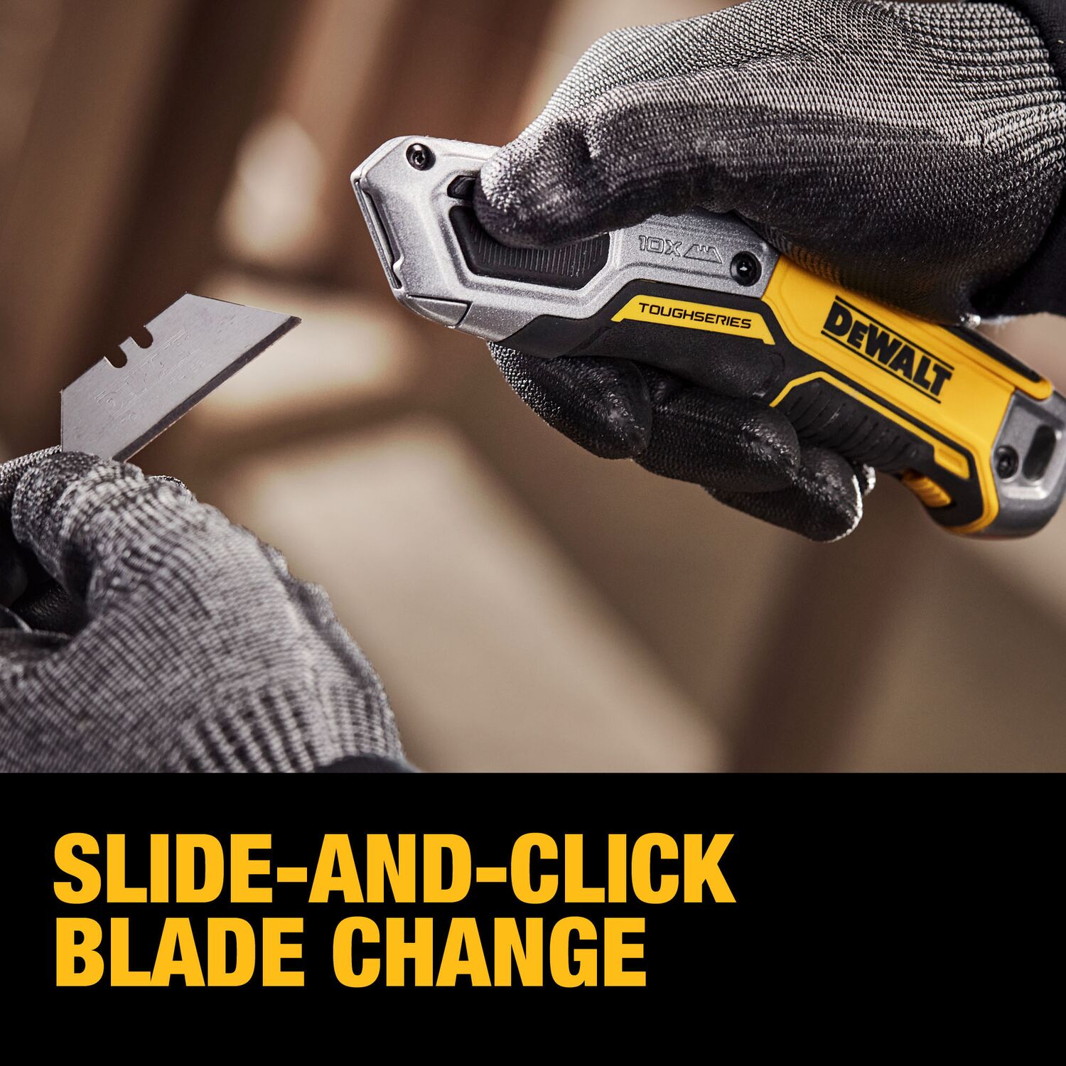 Contractor swapping blades on the DeWalt DWHT10999 TOUGHSERIES utility knife using the slide-and-click blade change system.