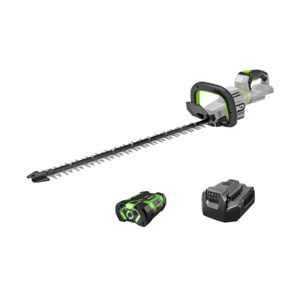 EGO POWER+ 26-inch cordless hedge trimmer with dual-action blades, rotating front handle, plus included 56V battery and charger displayed on white background.