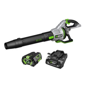 EGO LB7654 765 CFM cordless leaf blower kit with 5.0Ah battery, charger, tapered and spread nozzles on white background