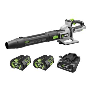 EGO 56V 880 CFM cordless leaf blower with two 4.0Ah batteries and charger, showing handheld blower, battery packs, and charging base on white background