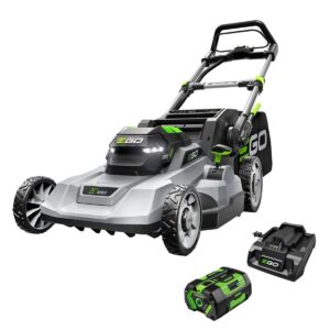 EGO LM2114 21 inch cordless lawn mower with grass bag, battery, and charger on white background