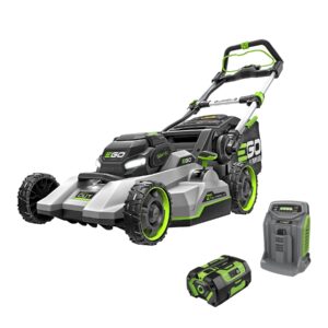 EGO LM2135SP 21 inch self propelled cordless lawn mower with battery and rapid charger on white background
