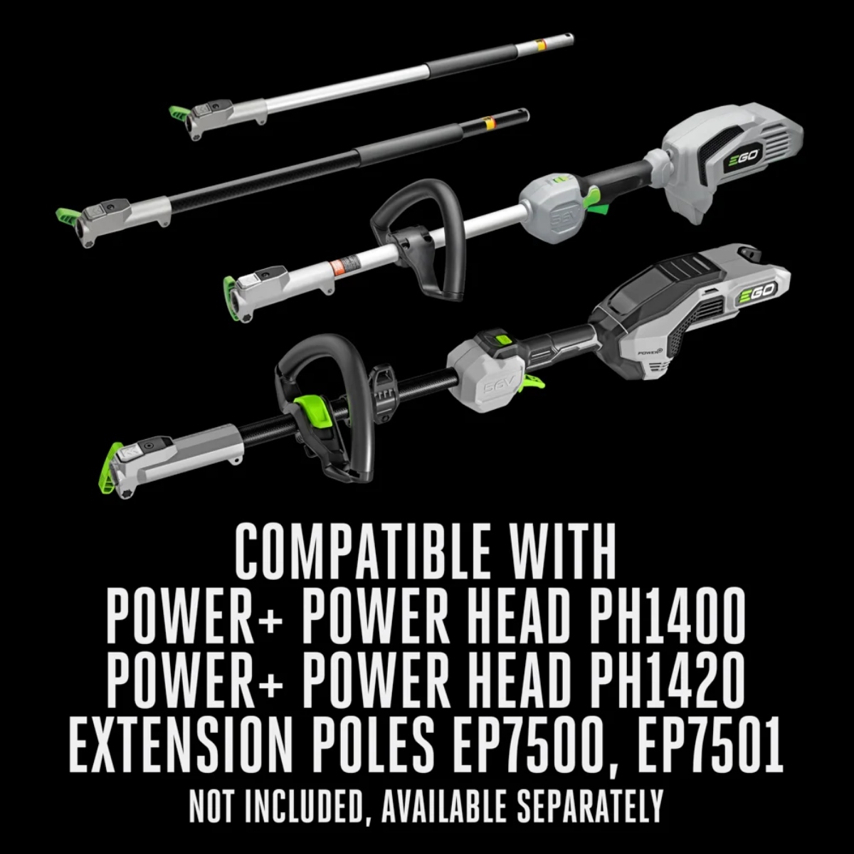 Compatibility graphic showing the EGO PSA1020 pole saw attachment designed for use with EGO POWER+ Multi-Head System power heads PH1400 and PH1420 and extension poles EP7500 and EP7501, displayed together on black background.