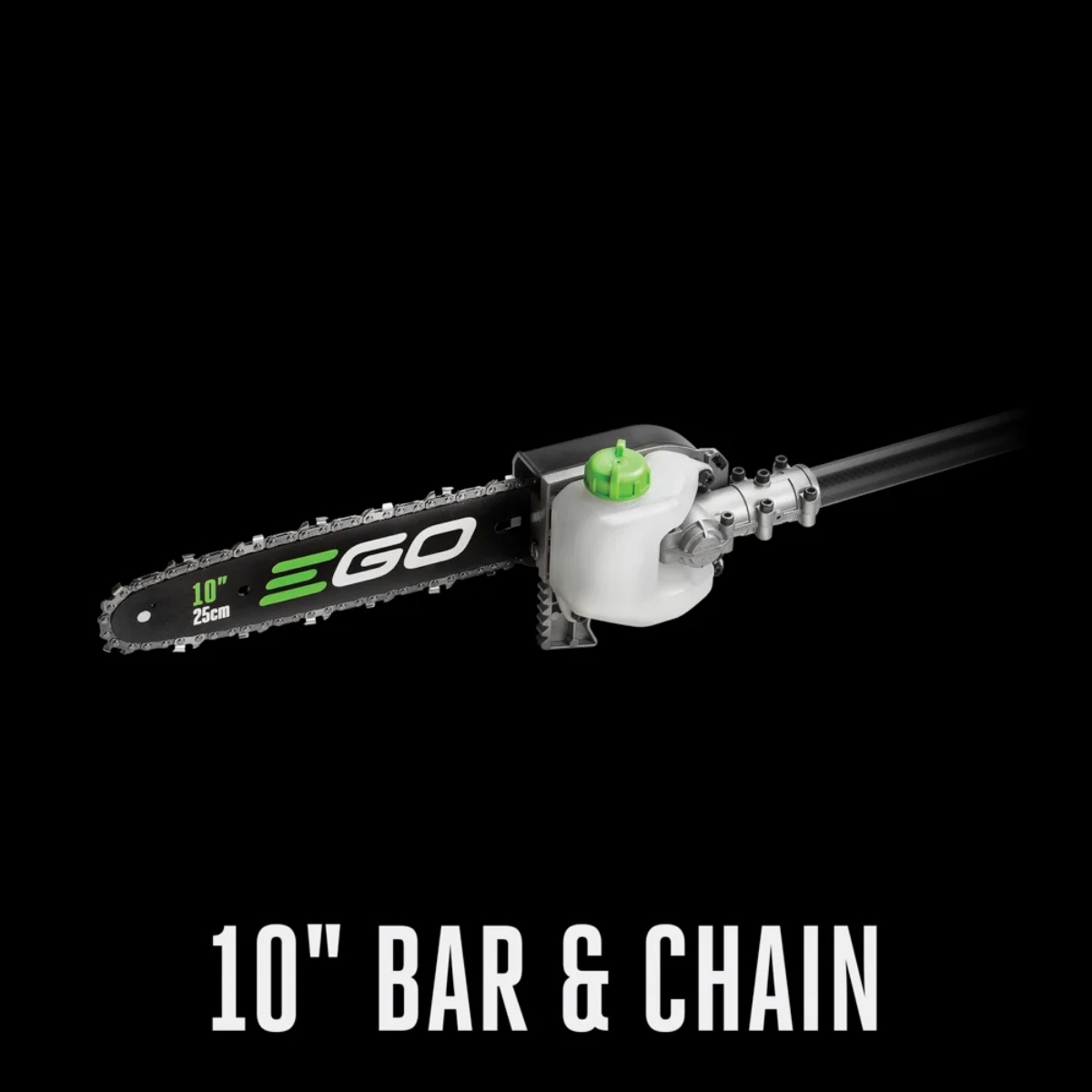 Close-up of the EGO PSA1020 pole saw attachment showing the 10-inch cutting bar and chain with sprocket nose and oil reservoir, designed for efficient branch trimming and limbing.