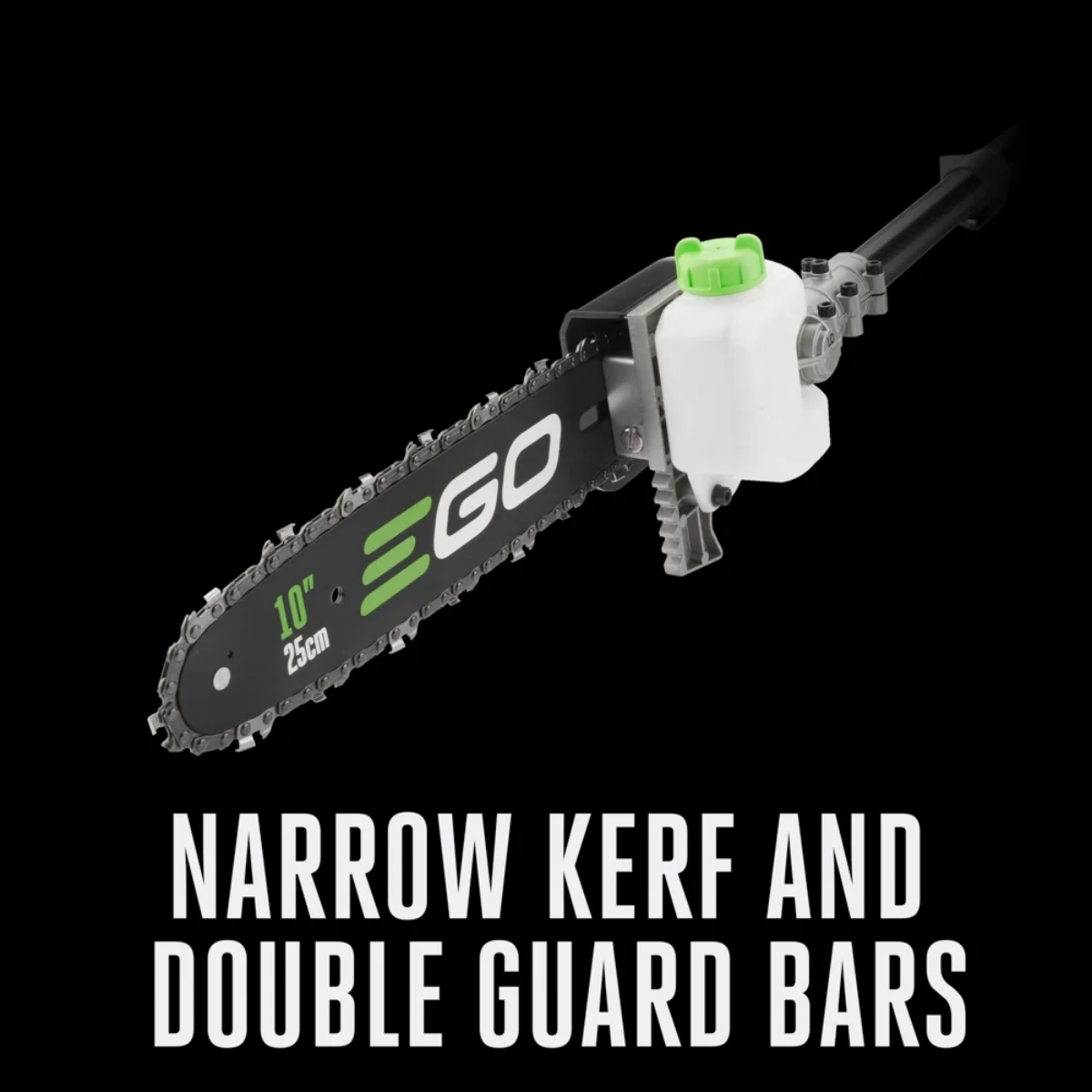Close-up of the EGO PSA1020 pole saw attachment head showing narrow-kerf 10-inch bar, chain, and dual guard bars with built-in oil reservoir for smooth, controlled cutting.