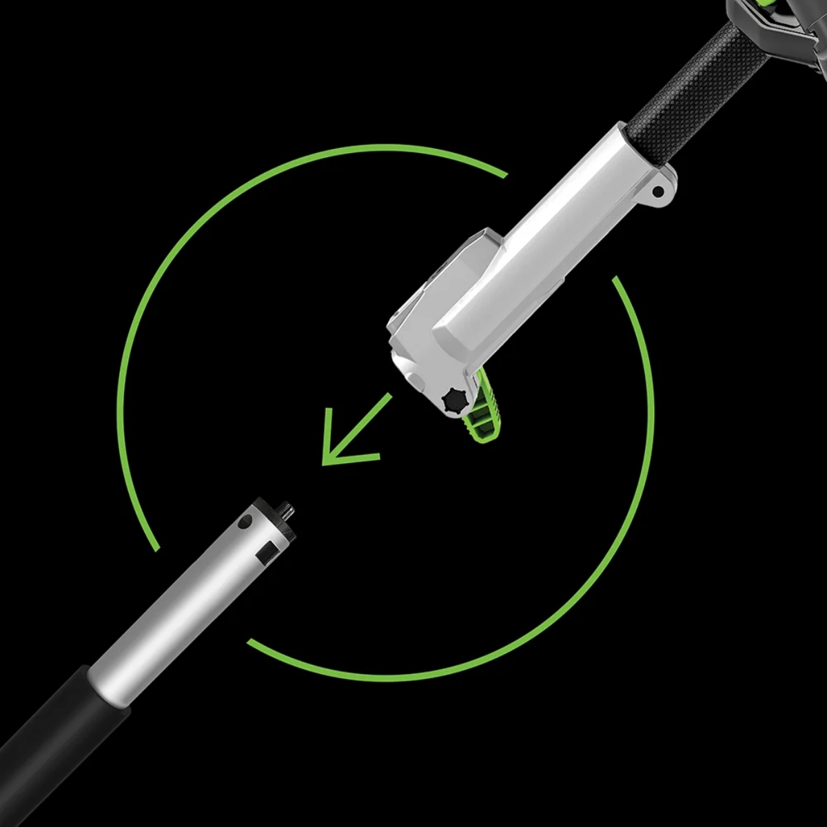 Close-up graphic showing the EGO PSA1020 pole saw attachment connecting to an extension pole, illustrating quick attachment and secure locking mechanism for the EGO POWER+ Multi-Head System.
