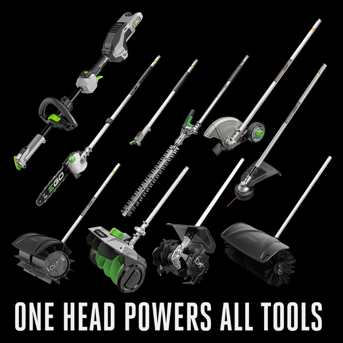Overview graphic of the EGO POWER+ Multi-Head System showing one power head paired with multiple attachments including pole saw, hedge trimmer, edger, string trimmer, cultivator, auger, and bristle brush, illustrating multi-tool compatibility.