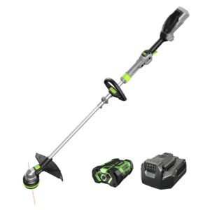 EGO ST1511T 56V cordless string trimmer with POWERLOAD head, telescopic aluminum shaft, front loop handle, 2.5Ah ARC Lithium battery and standard charger on white background