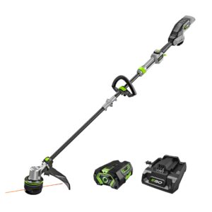 EGO ST1623T 16 inch POWERLOAD string trimmer with LINE IQ auto feed, carbon fiber telescopic shaft, 56V 4.0Ah battery, and charger on white background