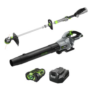 EGO 56V combo kit showing 15 in POWERLOAD string trimmer, 615 CFM handheld blower, 2.5Ah ARC Lithium battery, and standard charger on white background