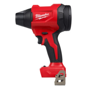 Side profile of a Milwaukee M18 brushless precision blower with red and black housing, tapered black nozzle, rubberized pistol grip handle, trigger and mode button visible, and metal belt clip mounted at the battery base on a white background.