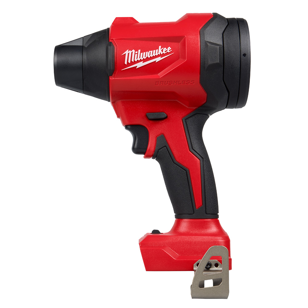 Side profile of a Milwaukee M18 brushless precision blower with red and black housing, tapered black nozzle, rubberized pistol grip handle, trigger and mode button visible, and metal belt clip mounted at the battery base on a white background.