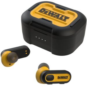DEWALT DWMA1902092 Jobsite Pro-X1 true wireless earbuds with charging case and black yellow IPX6 waterproof jobsite audio earbuds product image