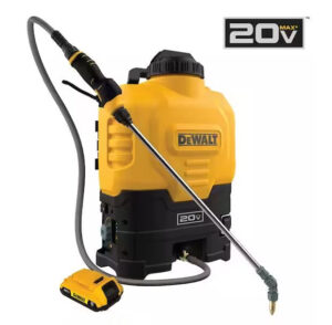 DEWALT 20V battery powered backpack sprayer with 4-gallon yellow tank, stainless steel spray wand, flexible hose, and removable 20V battery displayed on white background.
