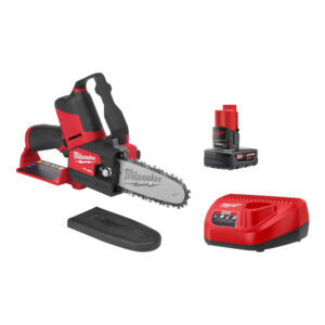 Milwaukee M12 FUEL HATCHET 6-inch cordless pruning saw kit displayed on a white background, including the compact chainsaw with guide bar and chain, protective bar scabbard, M12 REDLITHIUM XC 4.0 battery, and M12 battery charger arranged beside the tool.
