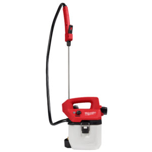 Milwaukee M12 1-gallon handheld cordless sprayer with integrated handle, translucent chemical tank, adjustable pressure control dial, flexible hose, and long stainless steel spray wand on a white background.