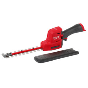 Milwaukee M12 FUEL 8-inch cordless hedge trimmer with POWERSTATE brushless motor, compact red housing, exposed steel cutting blade, and protective blade sheath on white background.