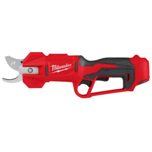 Milwaukee M12 brushless cordless pruning shears tool-only, red and black housing, inline ergonomic grip, trigger-controlled cutting blades, compact design for controlled pruning of branches and shrubs.