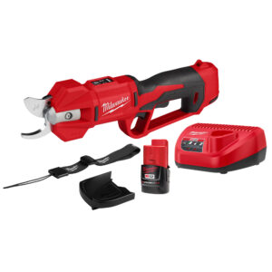 Milwaukee M12 brushless pruning shears kit displayed with cordless pruning shears, M12 CP2.0 battery, M12 battery charger, wrist strap, blade cover, and adjustment tool arranged on white background.