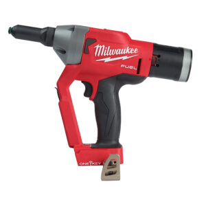 Milwaukee M18 FUEL 1/4 inch blind rivet tool with ONE-KEY, shown side profile with red housing, black grip, metal nosepiece, belt clip, and mandrel collector on a white background.