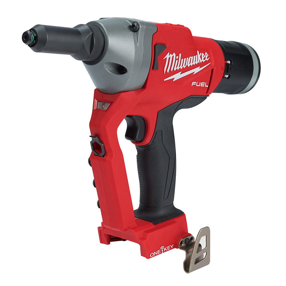 Milwaukee M18 FUEL 1/4 inch blind rivet tool with ONE-KEY branding, shown angled front-left view with red housing, gray metal nose assembly, black rubber grip, trigger, belt clip, and mandrel collector on a white background.