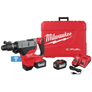 Milwaukee 2718-22HD M18 FUEL 1-3/4 inch SDS MAX rotary hammer kit shown with rotary hammer tool, two HD12.0 battery packs, rapid charger with power cord, and red hard carrying case arranged on a white background, with ONE-KEY wireless indicator icon visible.