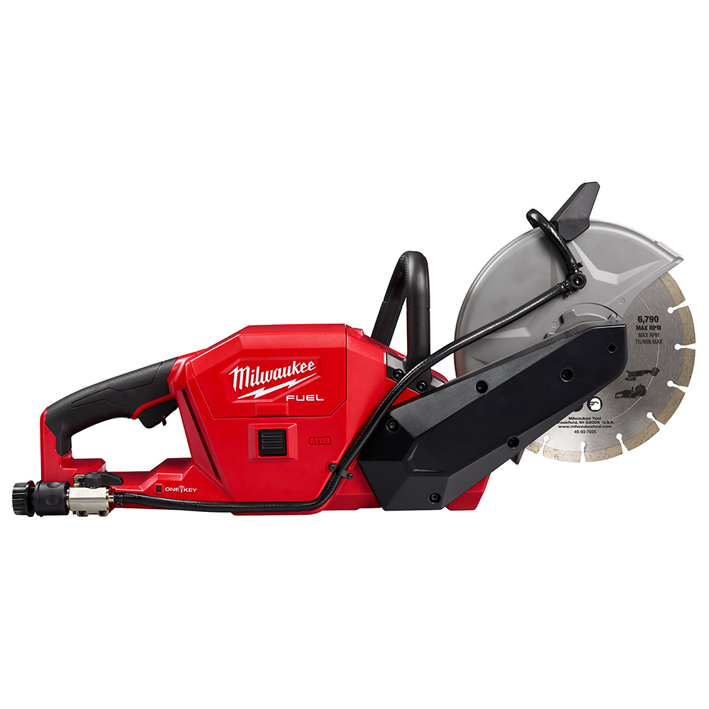 Milwaukee M18 FUEL 9-inch cordless cut-off saw, right side view, shown with diamond cutting blade installed, ONE-KEY indicator, onboard water connection, front handle, rear trigger handle, and adjustable blade guard, isolated on white background