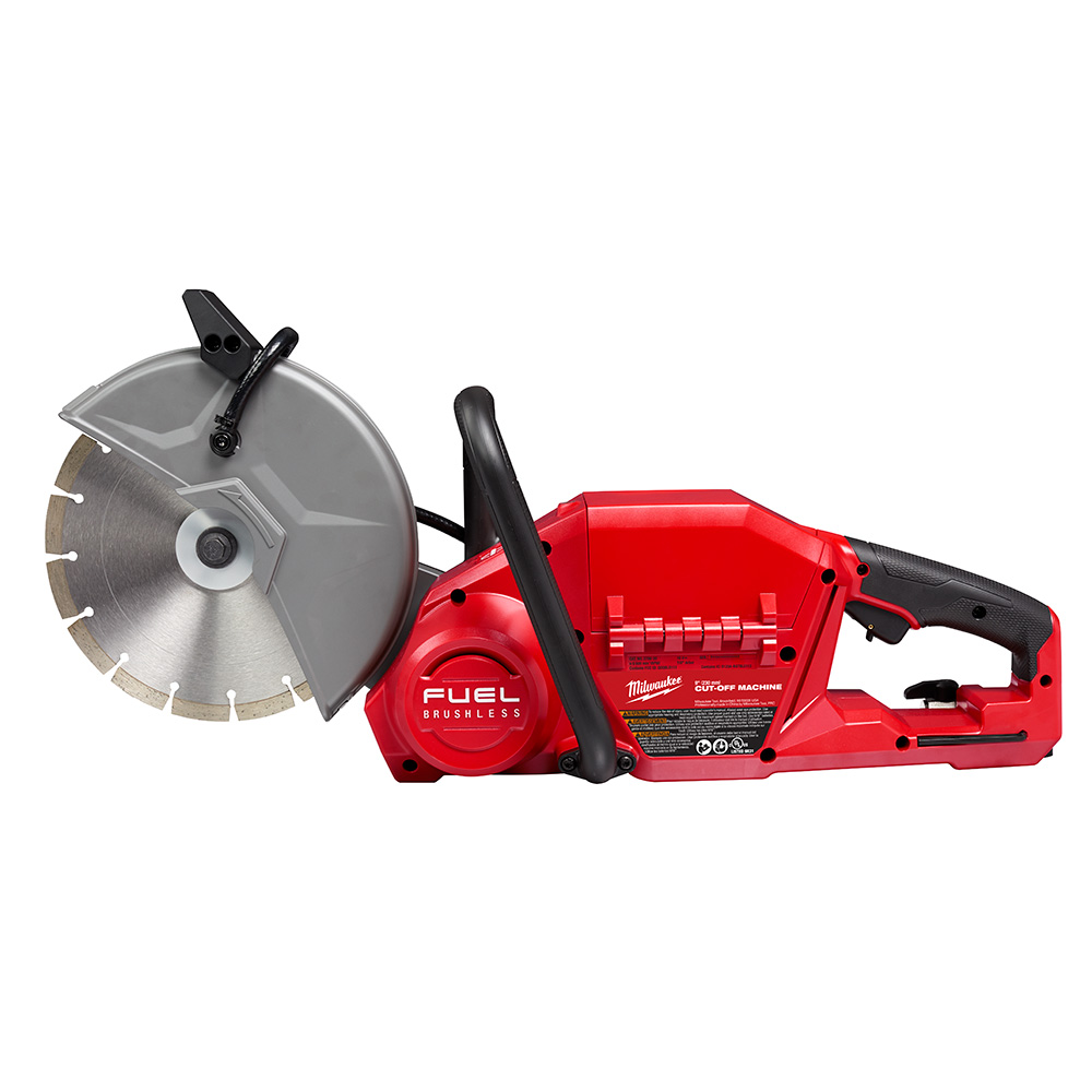 Milwaukee M18 FUEL 9-inch cordless cut-off saw, left side view, showing FUEL brushless motor housing, front handle loop, rear trigger handle, adjustable blade guard, and diamond cutting blade installed, isolated on white background