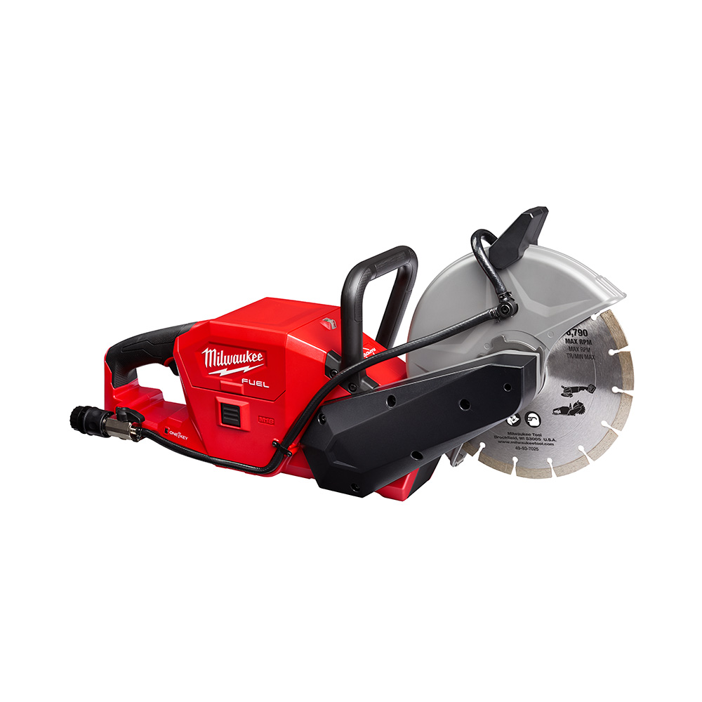 Milwaukee M18 FUEL 9-inch cordless cut-off saw, right side view, shown with diamond cutting blade installed, ONE-KEY indicator visible, onboard water connection fitting, front handle, rear trigger handle, and adjustable blade guard, isolated on white background