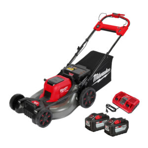 Milwaukee M18 FUEL 21 inch self-propelled dual battery lawn mower with steel deck, grass collection bag, two M18 REDLITHIUM HD12.0 batteries, and dual bay rapid charger displayed on a white background.