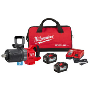 Milwaukee 2868-22HD M18 FUEL 1 inch D-Handle high torque impact wrench kit displayed with impact wrench, two HD12.0 battery packs, rapid charger with power cord, and red contractor bag arranged on a white background, with ONE-KEY wireless indicator icon visible on the tool.