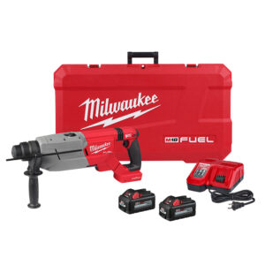 Milwaukee M18 FUEL SDS Plus D-Handle rotary hammer kit shown with 1-1/4 inch rotary hammer, side handle installed, two M18 REDLITHIUM HIGH OUTPUT XC6.0 batteries, M18/M12 rapid charger, and red Milwaukee carrying case on a white background.